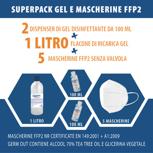 SUPERPACK Gel disinfettante e 5 Mascherine FFP2 KN95 | Dpi Sicurezza